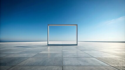 A white frame stands alone in a concrete expanse, a stark contrast to the expansive sky and distant horizon.