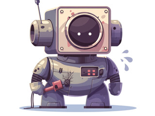 A small, cartoon robot with a cracked and rusted exterior, holding a welding torch and looking forlorn.