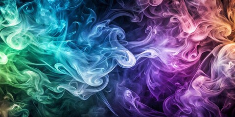 Obraz premium Abstract Swirling Smoke in Vibrant Hues of Turquoise, Purple, and Yellow Against a Dark Background