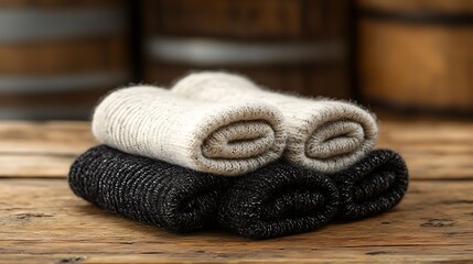 Cozy wool socks folded on a wooden table with a warm, rustic background. 