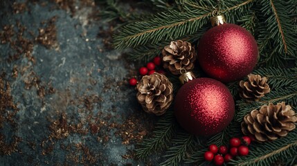Red Christmas ornaments with pine cones and branches on a rustic background.