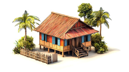 A traditional wooden stilt house with palm trees and a wooden fence in a tropical setting.