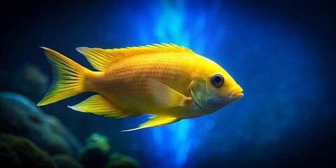 Naklejka premium A vibrant yellow fish with delicate fins, its scales catching the light, swims through a deep blue aquatic environment.