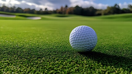 Fototapeta premium A white golf ball sits on a green putting green with a green fairway and trees in the background.