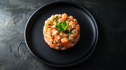 A beautifully plated salmon tartare garnished with herbs on a dark background.