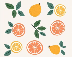 Discover a trendy brand concept featuring chic illustrations of vibrant oranges and lemons, infused with a Bauhaus pastel neon flair.