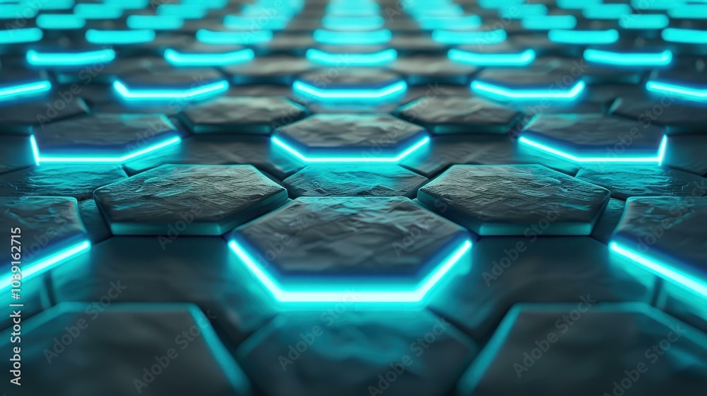 Wall mural experience a sleek hexagonal pattern that glows with striking neon blue, enhancing the modern tech v