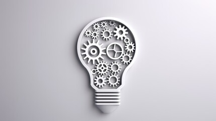 A sleek grayscale lightbulb with gears symbolizes innovation and fresh ideas against a crisp white backdrop.