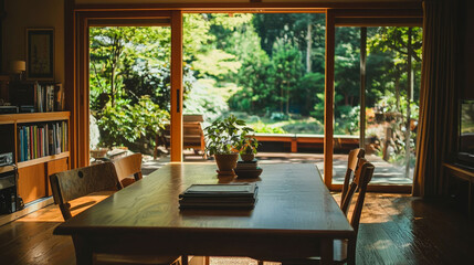 Fototapeta premium A wooden dining table with chairs sits in front of a sliding glass door leading to a backyard with lush green trees.