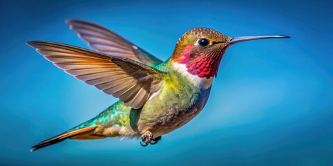 Fototapeta premium Breathtaking photography of a Broad-tailed Hummingbird in flight, celebrating World Migratory Bird Day, showcasing nature's beauty against a vivid blue sky and avian migration.