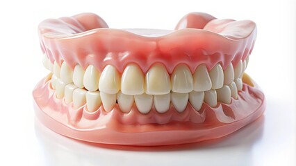 Obraz premium A close-up view of a full set of artificial teeth in a realistic dental model.