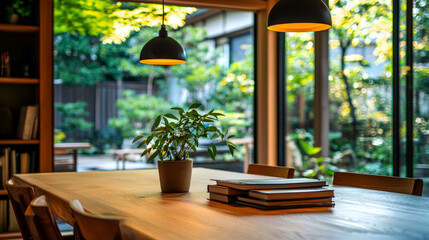 A wooden table with chairs and books in a modern minimalist living room with a view of a lush green garden through large windows.