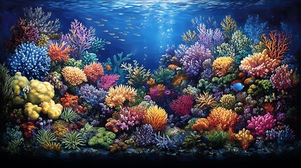 Obraz premium A vibrant underwater scene featuring colorful coral reefs and fish swimming in the clear blue water.