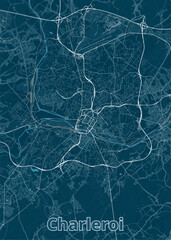 A detailed map of Charleroi, Belgium, rendered in a minimalist style. The map features a dark teal background with white lines representing roads and streets.