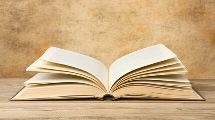 Obraz premium A sleek blank hardback book lies on a rustic wooden table, illuminated by warm sunlight filtering through the day.