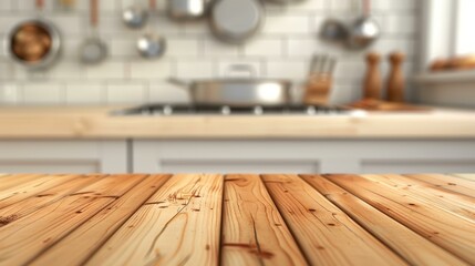 A sleek wooden countertop enhances the charm of any modern kitchen, merging style and functionality seamlessly in a blurred backdrop.