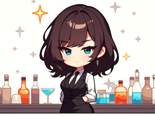 A young woman with black hair and blue eyes stands behind a bar counter.