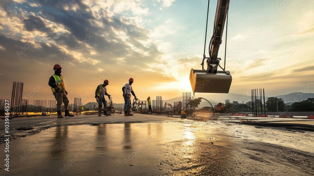 Aufkleber an atmospheric view of construction workers pouring concrete for a new highway interchange under a c