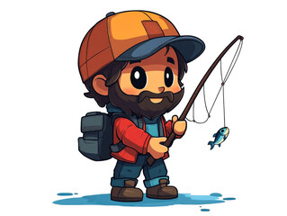 Cartoon illustration of a bearded man with a fishing rod and a backpack holding a fish.