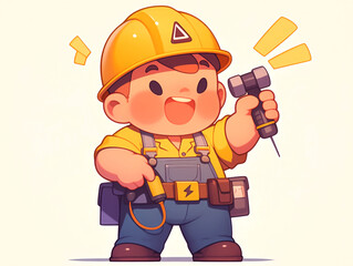 Cartoon illustration of a happy construction worker holding a tool.