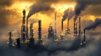 Coastal Refinery with Towering Stacks and Soft Light