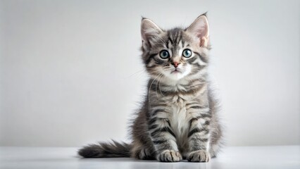 Charming gray tabby kitten against a white backdropâ€”ideal for animal lovers. A delightful image for pet enthusiasts and those seeking heartwarming cat photography.