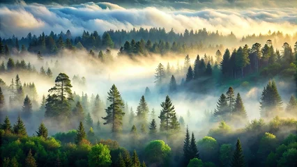 Golden Sunlight Illuminates a Misty Forest Landscape, Where Tall Trees Stand Silently, Enveloped by a Soft, Serene Blanket of Clouds