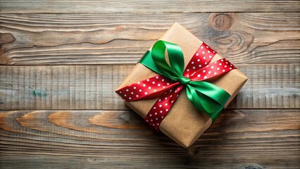 A Rustic Brown Gift Box with Red Polka Dot and Green Ribbon on Wooden Surface
