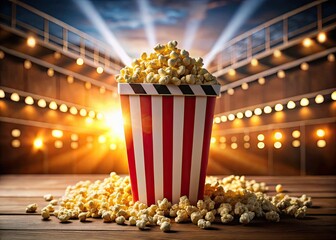 Cinematic Snack Delight: Popcorn in Striped Box with Film Clapper Board Design for Movie Lovers and Snack Enthusiasts