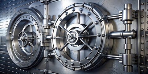 Close-up of a Heavy-Duty Steel Vault Door Showcasing Complex Locking Mechanisms in a Minimalist Style, Emphasizing Strength and Security Features for Stock Photography