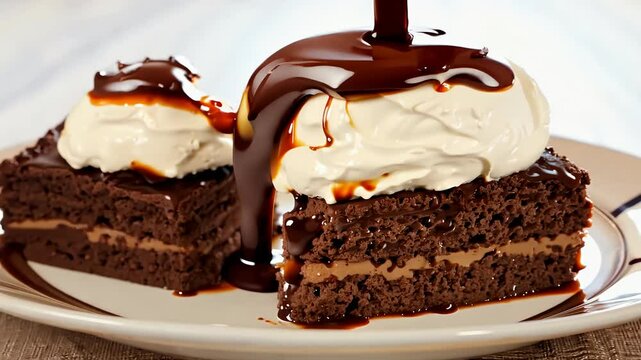 Indulge decadent sight chocolate brownies topped vanilla ice cream drizzled rich syrup capturing essence highcalorie sweets that tantalize taste buds food sirup pouring brownie hot drink dessert