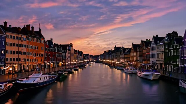 scenic timelapse Nyhavn pier summer sunset where colorful buildings ships yachts fill frame beautifully depicting vibrant atmosphere Copenhagen&rsquo;s old town copenhagen denmark canal city