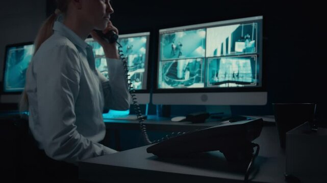 Medium shot of Caucasian female security officer sitting in control room of hotel or business centre, observing CCTV camera screens, calling supervisor on landline phone to report potential incident