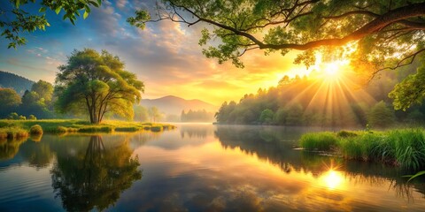 Obraz premium A tranquil lake reflecting the golden hues of sunrise, framed by a tree branch reaching across the water, with a lush green forest in the background, and a misty veil adding an ethereal touch.