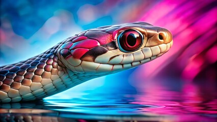 Fototapeta premium A Snake's Eye Gazes Through the Murky Waters, Its Scales Gleaming Underneath a Symphony of Vibrant Hues
