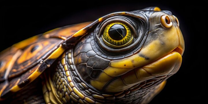 A Turtle's Gaze A Close-up of a Reptilian Eye with Intricate Shell Patterns and a Striking Yellow Iris