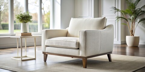 Contemporary white armchair showcased in a chic living room, featuring macro photography that highlights textures, modern design, and minimalist decor for stylish interiors.