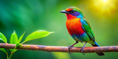 Obraz premium A vibrant, iridescent bird perches on a slender branch, its colorful plumage standing out against a backdrop of lush green foliage and sun-dappled light.