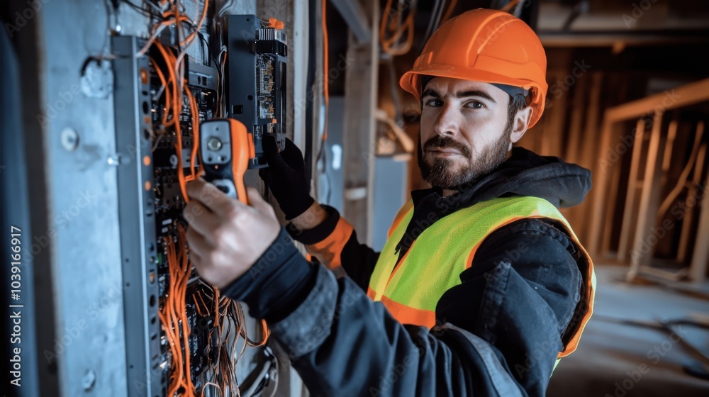 Poster an electrician in a high-visibility vest and helmet, holding a circuit tester and standing in front 