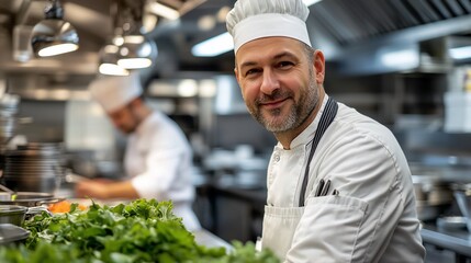 A male chef in a white uniform and chef's hat smiles in a busy kitchen.