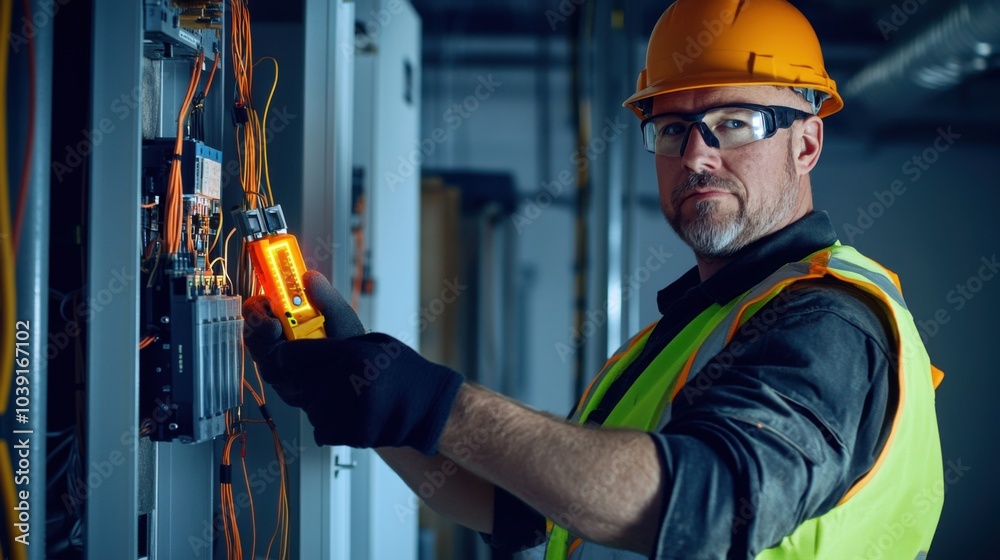 Poster an electrician in a high-visibility vest and helmet, holding a voltage tester and standing in front 