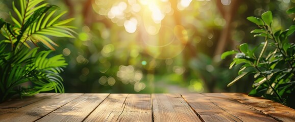 Abstract blank wooden tabletop over blurred green plant in garden background with morning sunligh