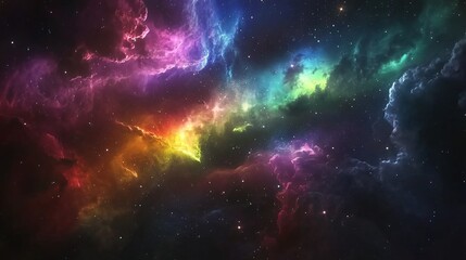 Obraz premium A breathtaking view of the cosmos, with swirling nebulae in vibrant hues of purple, red, blue, and green against a backdrop of twinkling stars.