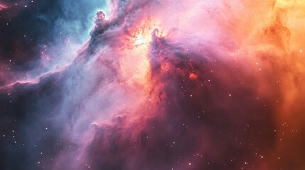 A breathtaking view of a nebula, a cosmic cloud of gas and dust, glowing with vibrant colors of pink, orange, and blue against a starry black backdrop.