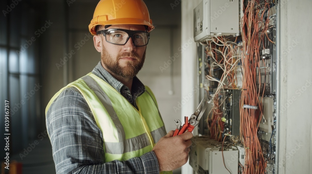 Poster an electrician in a high-visibility vest and helmet, holding an electrical circuit diagram and stand