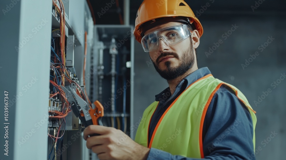 Poster an electrician in a high-visibility vest and helmet, holding an electrical circuit diagram and stand