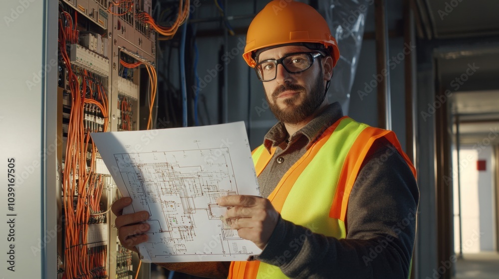 Poster an electrician in a high-visibility vest and helmet, holding an electrical circuit tester, with elec