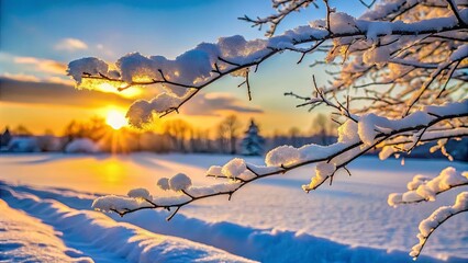 A snow-laden branch silhouetted against a fiery sunset, casting long shadows on the pristine white expanse