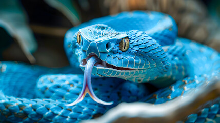 Closeup of a Vicious Blue Viper Snake Aggressively Attacking with Its Bifurcated Tongue in a Lush Tropical Forest Environment  The Snake s Scales and Patterns Create an Exotic and Ominous Appearance
