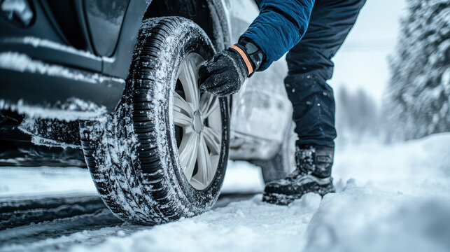 A person checking a tire on a vehicle in a snowy landscape.